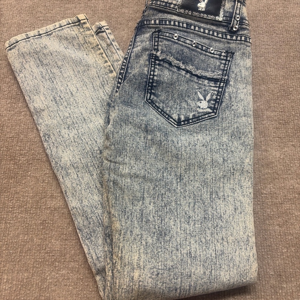 Vintage Playboy Studded Jeans Women’s 9/10 28 Acid Wash Bunny Logo Y2K 0667